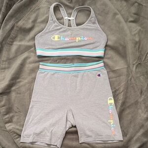 Champion Gray Pastel-Trim Women's Bike Shorts and Sports Bra Set